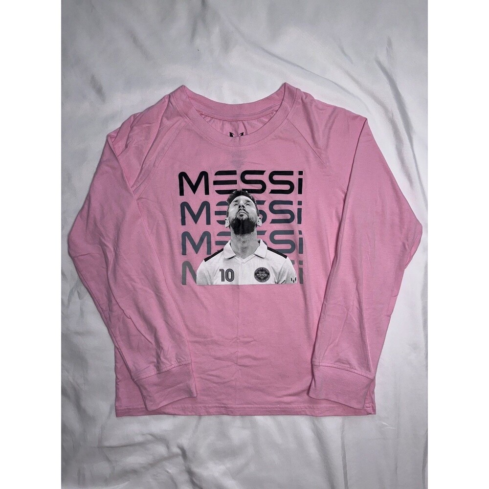 Pink Long Sleeve Graphic Tee Crew Neck Pullover Unisex Kids XL Messi Print